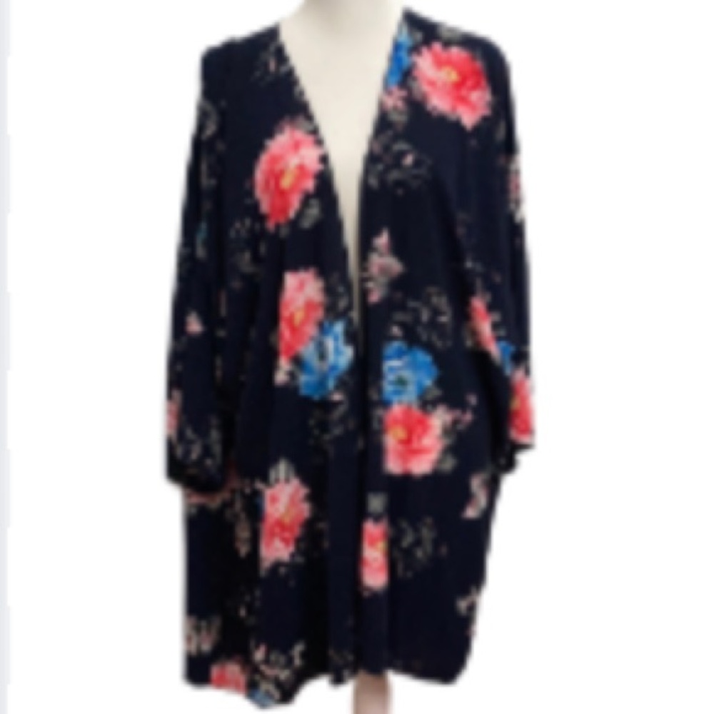 EUC Glitzy Girlz Navy Floral Open Kimono Cover-up Plus Size 3X